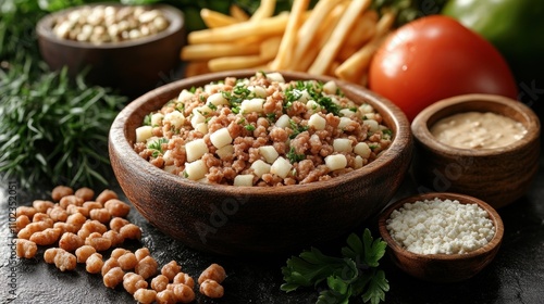 A bowl of mixed food ingredients and vegetables.