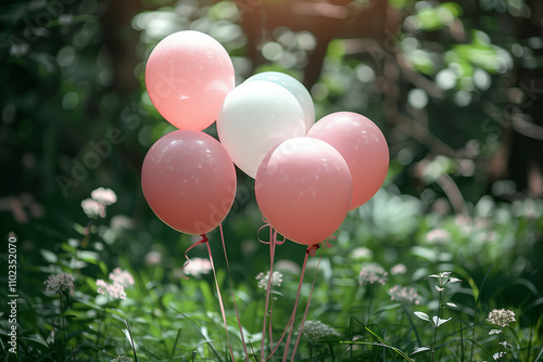 pastel color balloon outside, in the grass. colorful decoration for parties, birthday. colorful party balloons as a background. close up balloons, decoration for birthday party. AI Generated photo