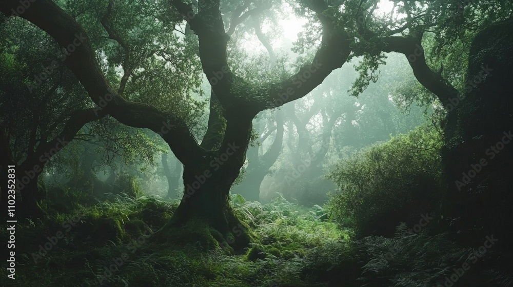 Mystical Forest with Twisted Trees and Ethereal Fog Surrounding the Green Underbrush Mystical Forest with Twisted Trees and Ethereal Fog Surrounding the Green Underbrush