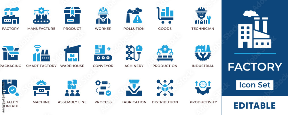 Factory Icon Set. Features editable icons for manufacturing symbols, industry, production, assembly line, quality control, and more. Perfect for industrial, manufacturing, and business designs. Factory Icon Set. Features editable icons for manufacturing symbols, industry, production, assembly line, quality control, and more. Perfect for industrial, manufacturing, and business designs.