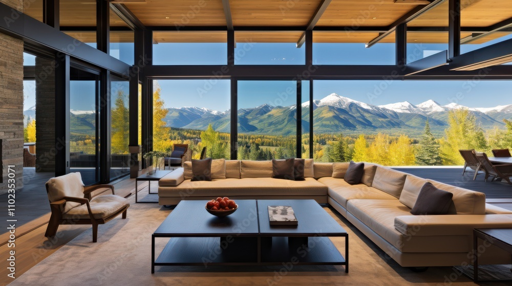 Fototapeta premium Mountain vistas unfold through vast glass windows, blending luxury interiors with nature’s grandeur in seamless harmony.
