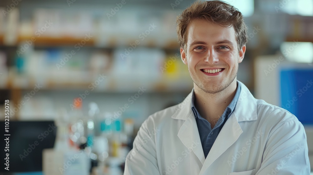 portrait of a smiling male pharmacist in pharmacy wearing medical white lab coat and have chemicals and practical apparatus in the background. with portrait of a smiling male pharmacist in pharmacy wearing medical white lab coat and have chemicals and practical apparatus in the background. with