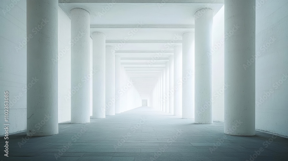 Bright corridor with white columns leading to a distant light. A serene and minimal space for calm moments or reflection. Bright corridor with white columns leading to a distant light. A serene and minimal space for calm moments or reflection.