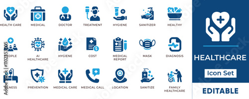 Healthcare Icon Set. Features editable icons for medical symbols, doctor, hospital, health, hygiene, and more. Perfect for healthcare, medical, and wellness designs.