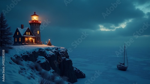 A serene snowy evening featuring a glowing lighthouse, a warm cozy house atop cliffs, overlooking frozen waters and a tranquil sailboat anchored nearby. photo