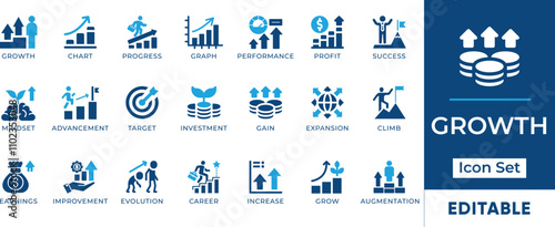 Growth Icon Set. Features editable icons for business growth symbols, progress, success, investment, and more. Perfect for presentations, reports, and marketing materials.