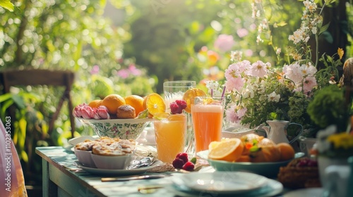 Bright and joyful garden breakfast with fresh fruits and colorful drinks