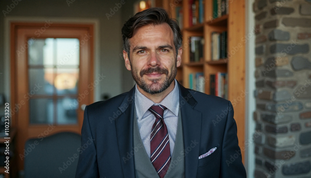 Confident businessman with warm smile posing in home office against bookshelf Confident businessman with warm smile posing in home office against bookshelf