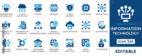 Information Technology Icon Set. Features editable icons for IT symbols, cloud computing, data science, AI, cybersecurity, and more. Perfect for tech, software, and digital projects.