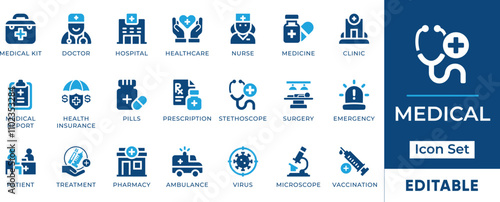 Medical Icon Set. Features editable icons for medical symbols, doctor, nurse, hospital, clinic, healthcare, medicine, and more. Perfect for medical, healthcare, and pharmaceutical designs.