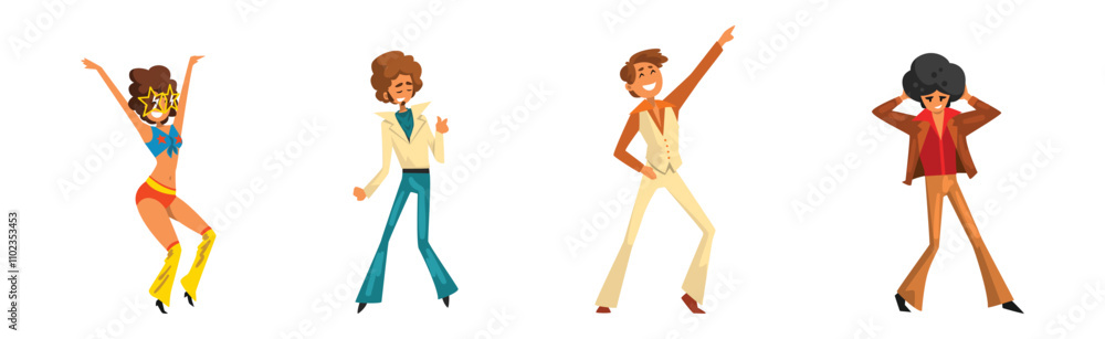 People Character in Retro Style Clothes Dancing Disco Vector Set People Character in Retro Style Clothes Dancing Disco Vector Set