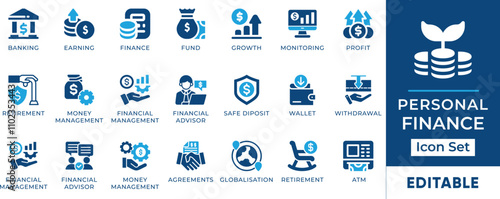 Personal Finance Icon Set. Features editable icons for money symbols, finance, banking, investment, savings, and more. Perfect for financial, business, and accounting designs.