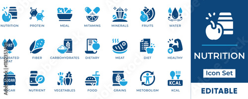Nutrition Icon Set. Features editable icons for food symbols, diet, health, vitamins, minerals, and more. Perfect for nutrition, health, and fitness designs.
