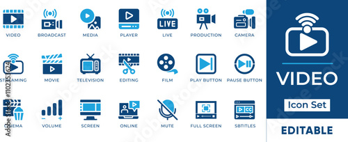 Video Icon Set. Features editable icons for video production symbols, streaming, editing, filming, and more. Perfect for media, entertainment, and broadcasting designs.