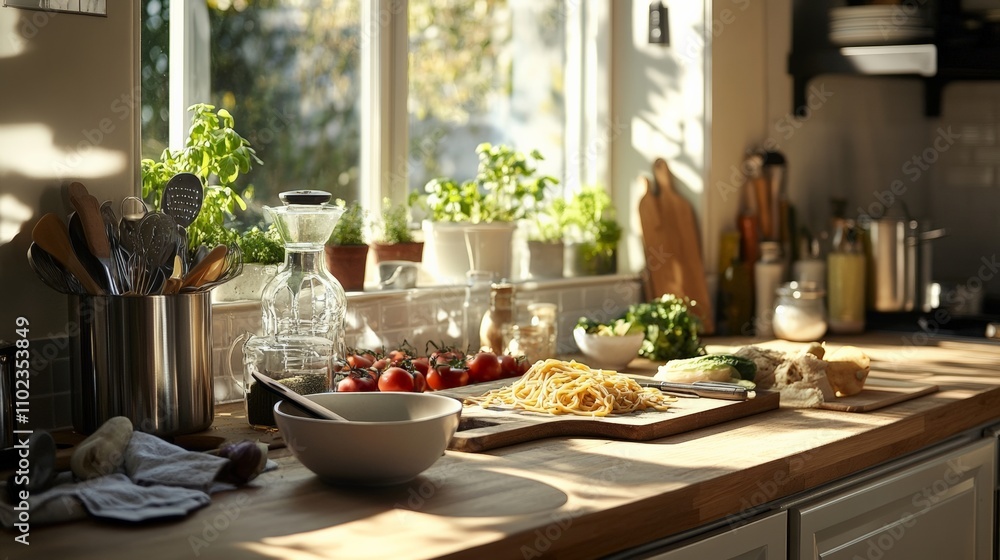 Fresh Ingredients on Kitchen Counter with Natural Light and Plants Fresh Ingredients on Kitchen Counter with Natural Light and Plants