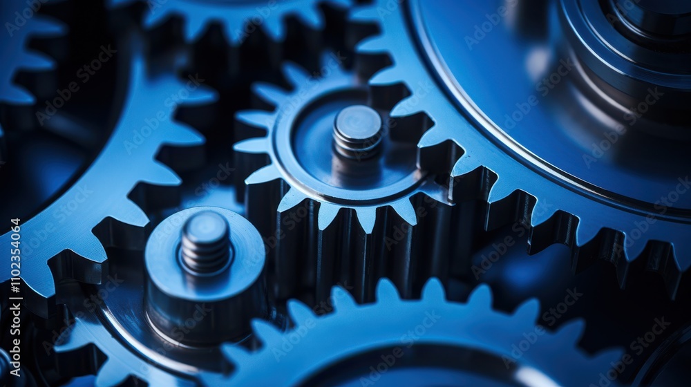 A detailed close-up of interlocking blue gears showcases intricate mechanical engineering, highlighting precision and industrial aesthetics. A detailed close-up of interlocking blue gears showcases intricate mechanical engineering, highlighting precision and industrial aesthetics.