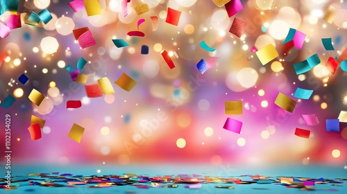 Colorful Confetti Falling Against a Sparkling Background with Bokeh Lights for Celebratory and Festive Themes