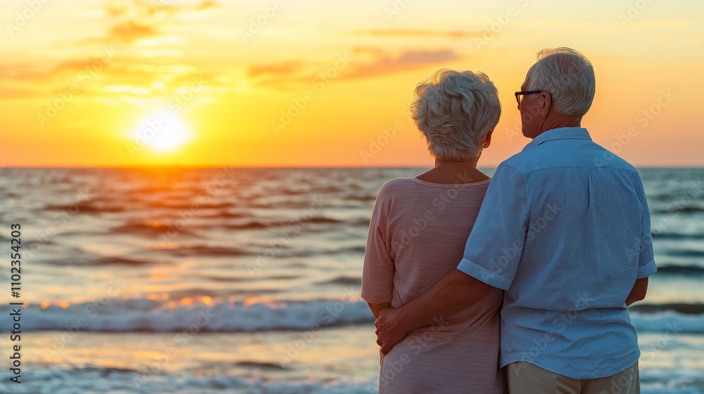 Fototapeta premium Senior couple embracing while watching ocean sunset