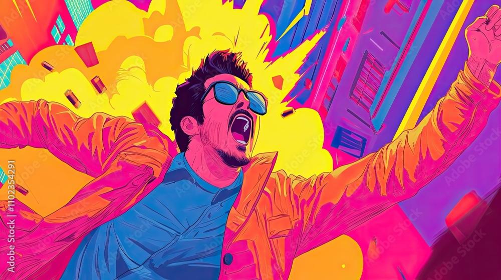 Vibrant Urban Escape: A Young Man in Sunglasses Shouting Amidst Explosive Colors and Dynamic City Landscape Showcasing Freedom and Excitement