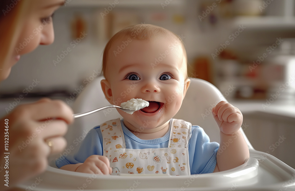 Cute baby sitting in a high chair and being fed by their mother with a spoon Cute baby sitting in a high chair and being fed by their mother with a spoon