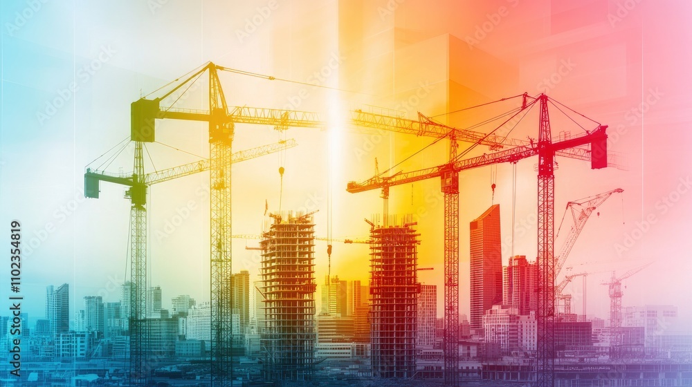 Construction Site with Cranes Under Sunset Sky in Urban Environment, Captivating Scene of Ongoing Building Development in a Modern Cityscape Construction Site with Cranes Under Sunset Sky in Urban Environment, Captivating Scene of Ongoing Building Development in a Modern Cityscape