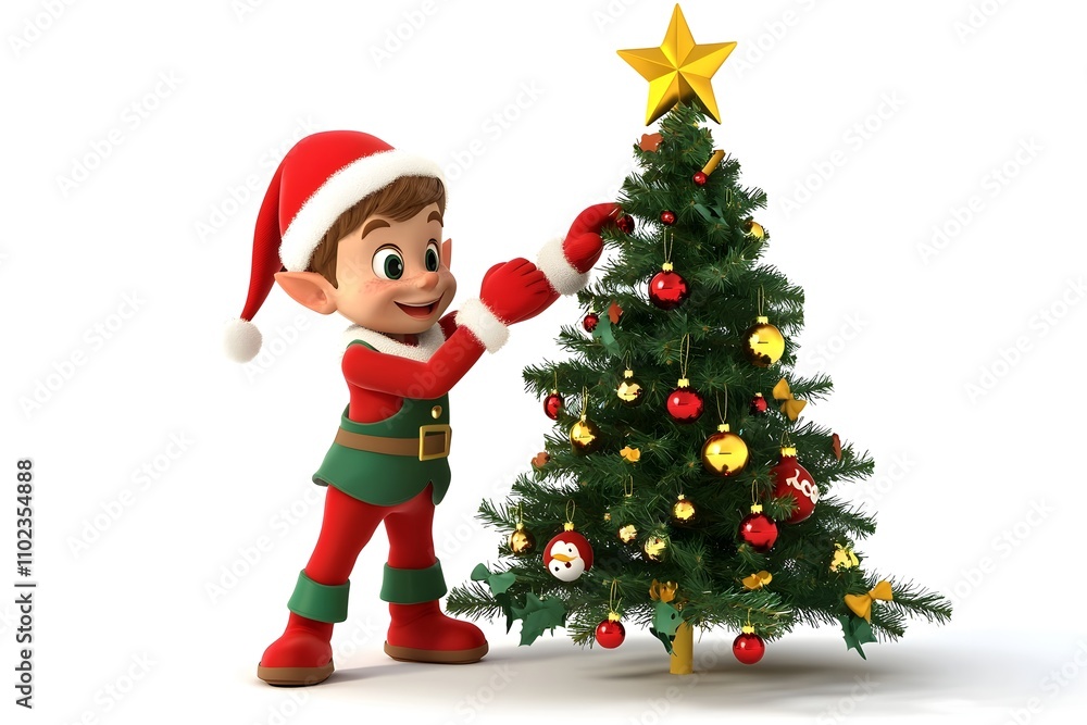 A festive winter scene with Santa Claus, a child, and a beautifully decorated Christmas tree