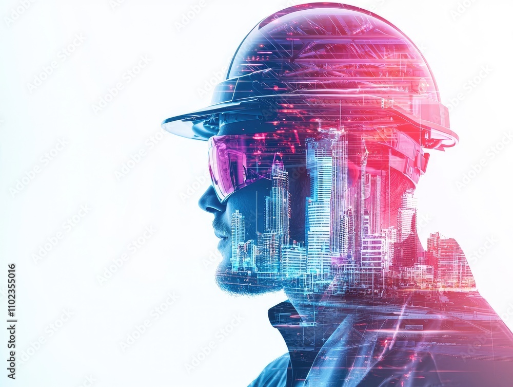Futuristic Double Exposure of Construction Worker with City Skyline, Incorporating Technology and Modern Architecture, Symbolizing Innovation in Engineering and Urban Development Futuristic Double Exposure of Construction Worker with City Skyline, Incorporating Technology and Modern Architecture, Symbolizing Innovation in Engineering and Urban Development