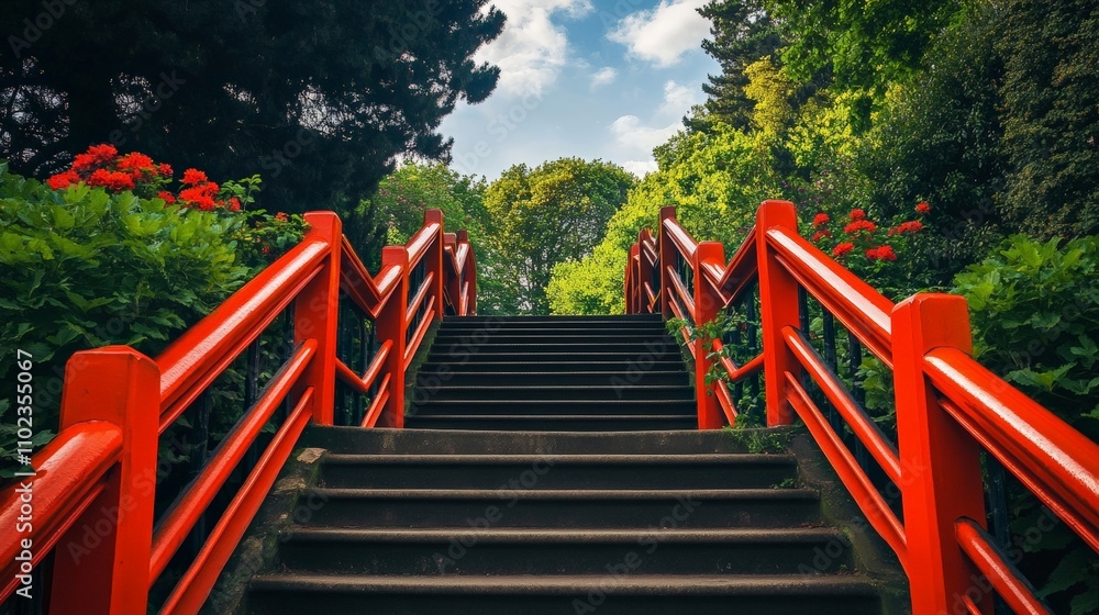 Colorful Steps Leading Up to a Lush Garden Scene with Bright Greenery and Red Flowers Colorful Steps Leading Up to a Lush Garden Scene with Bright Greenery and Red Flowers