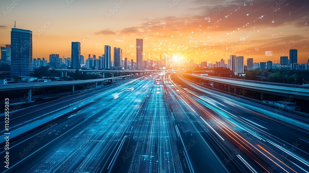 Fototapeta premium futuristic 3d highway abstract digital binary towers cityscape concept of big data machine learning hyper loop virtual reality high speed random seed aspect ratio 16:9