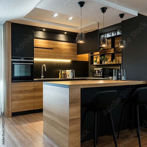 Modern Kitchen Interior with Bar Counter and Cooking Cabinet