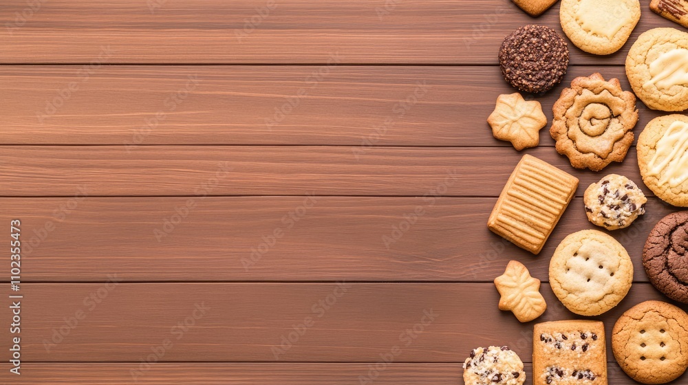 Assorted Delicious Cookies on Wooden Surface with Space for Text, Ideal for Bakery Promotions and Sweet Treats Designs Assorted Delicious Cookies on Wooden Surface with Space for Text, Ideal for Bakery Promotions and Sweet Treats Designs