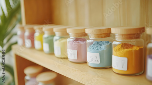 Colorful superfood powders inside glass jars with wooden lids promoting healthy lifestyle photo