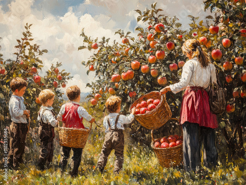 Children Picking Apples in an Orchard