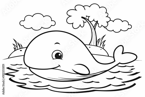 cute Whale, some grass and a tree, coloring book