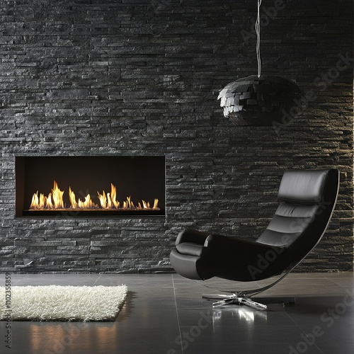 Modern Sofa and Chair by Fireplace with Stone Cladding Wall