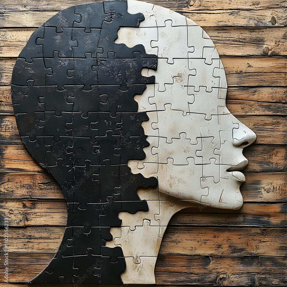 A symbolic illustration of a human head silhouette divided into black ...