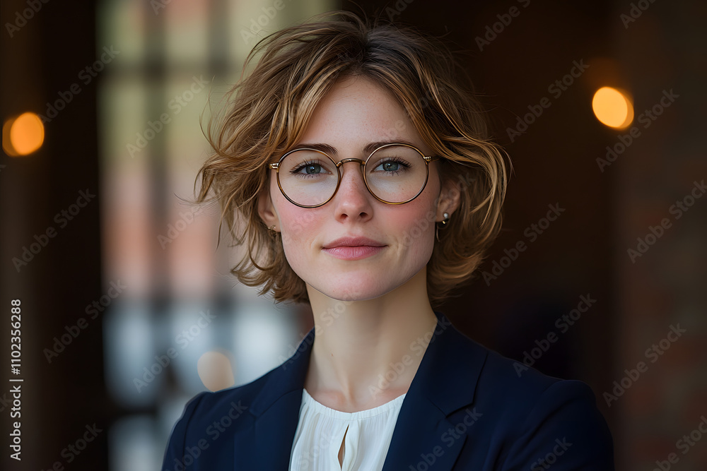 A professional portrait of a confident woman with short brown hair, wearing round glasses and a navy blazer, standing in a softly lit environment with a blurred background, exuding intelligence and po A professional portrait of a confident woman with short brown hair, wearing round glasses and a navy blazer, standing in a softly lit environment with a blurred background, exuding intelligence and po