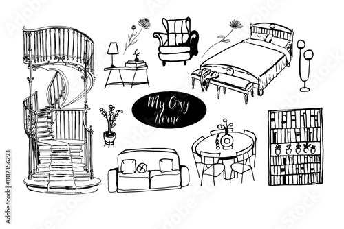 Cosy home. Interior furniture, decoration. Hand drawn vector isolated set.