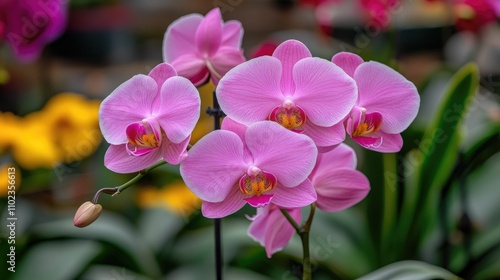 Elegant Pink Orchid Blooms Displayed in a Vibrant Garden Setting Filled with Lush Greenery and Other Colorful Flowering Plants