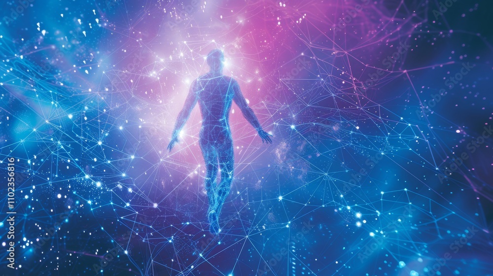 Naklejka premium A glowing humanoid figure surrounded by vibrant blue and purple digital lines, evoking themes of technology, connectivity, and the future. AI generated at the end.