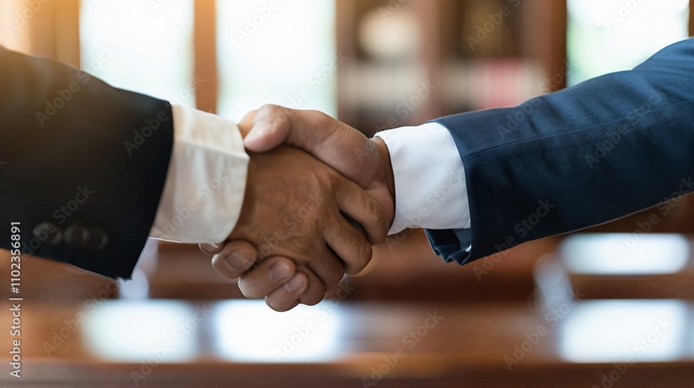 Close-up of two businessmen shaking hands in a meeting room. Close-up of two businessmen shaking hands in a meeting room.