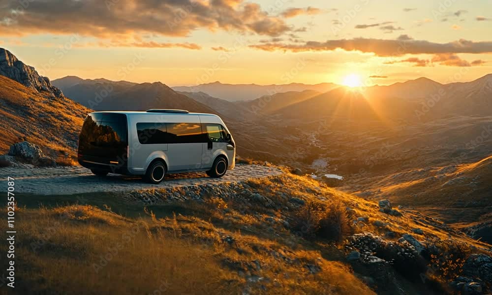 Scenic Mountain View with White Van on Gravel Road at Sunset, Surrounded by Lush Hills and Vibrant Sky, Perfect for Travel and Adventure Themes Scenic Mountain View with White Van on Gravel Road at Sunset, Surrounded by Lush Hills and Vibrant Sky, Perfect for Travel and Adventure Themes
