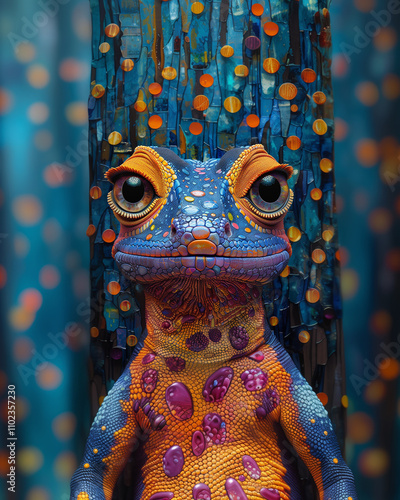 painted art. Vibrant colorful frog in an abstract artwork, featuring various bright colors, playful designs, and unique shapes. Artistic designs, children's themes, or creative projects photo