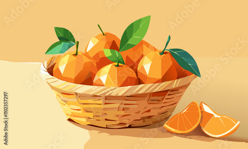 tangerines with green leaves in a wicker brown basket on a mustard background
