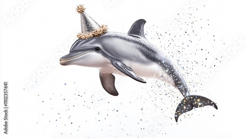 A playful baby dolphin with a shiny New Year’s hat, jumping through a ring of sparkles, isolated on a white background photo