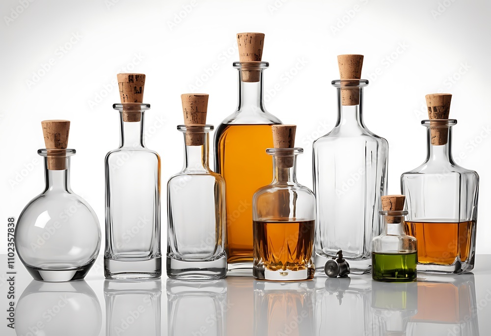 Table with different bottles of wine and spirits on light background Table with different bottles of wine and spirits on light background