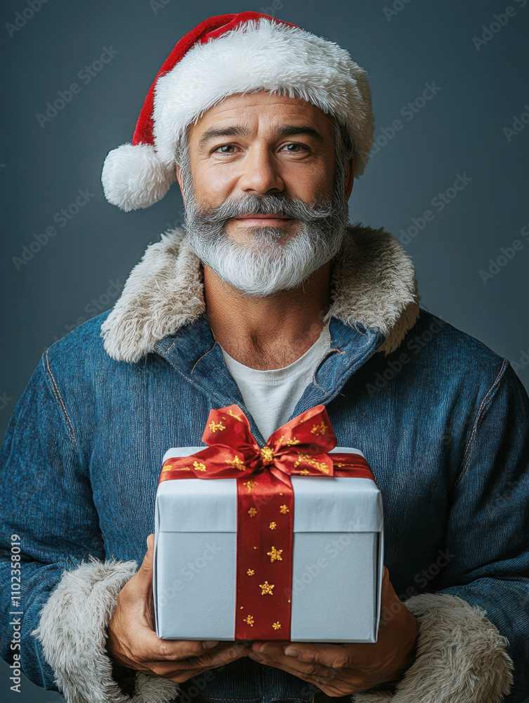 Santa Claus holds out a box with a gift Santa Claus holds out a box with a gift