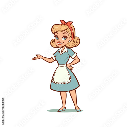 Cheerful retro housewife presenting, vintage maid illustration, cartoon character in apron and headband, classic homemaker concept.. Isolated vector illustration 