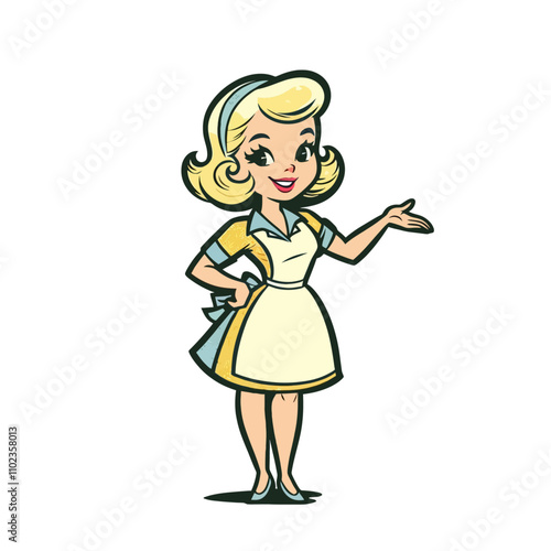 Smiling retro housewife presenting, vintage maid illustration, cheerful cartoon character in apron, classic homemaker concept. Isolated vector illustration 