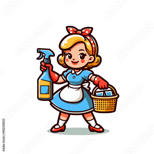 Retro housewife holding cleaning spray and basket, vintage maid illustration, cheerful cartoon character in apron and gloves, home cleaning concept. Isolated vector illustration 